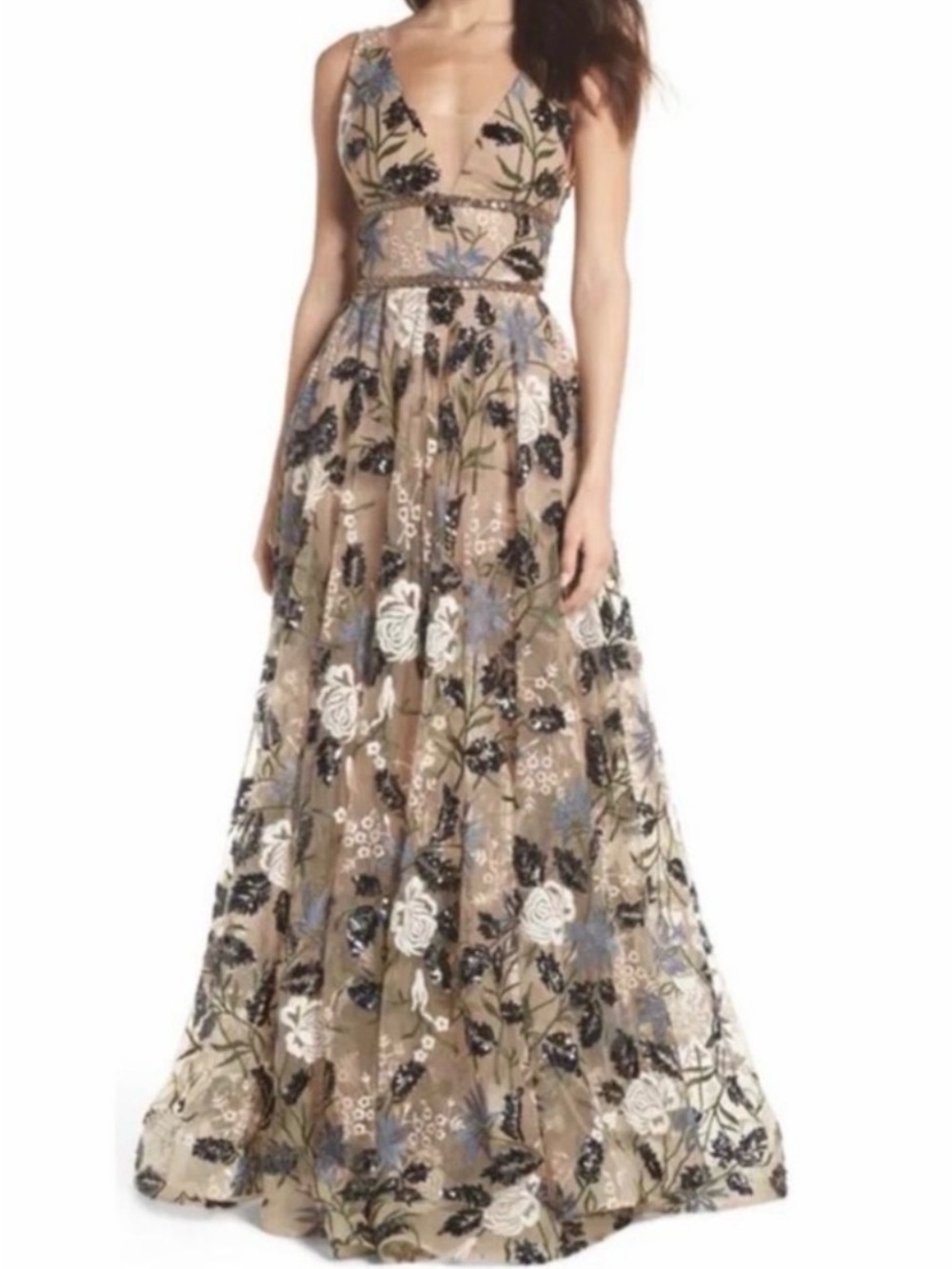 Revolve Bronx and Banco Tunisia Plunge Embroidered V-Neck Floral Evening Gown - Picture 2 of 11